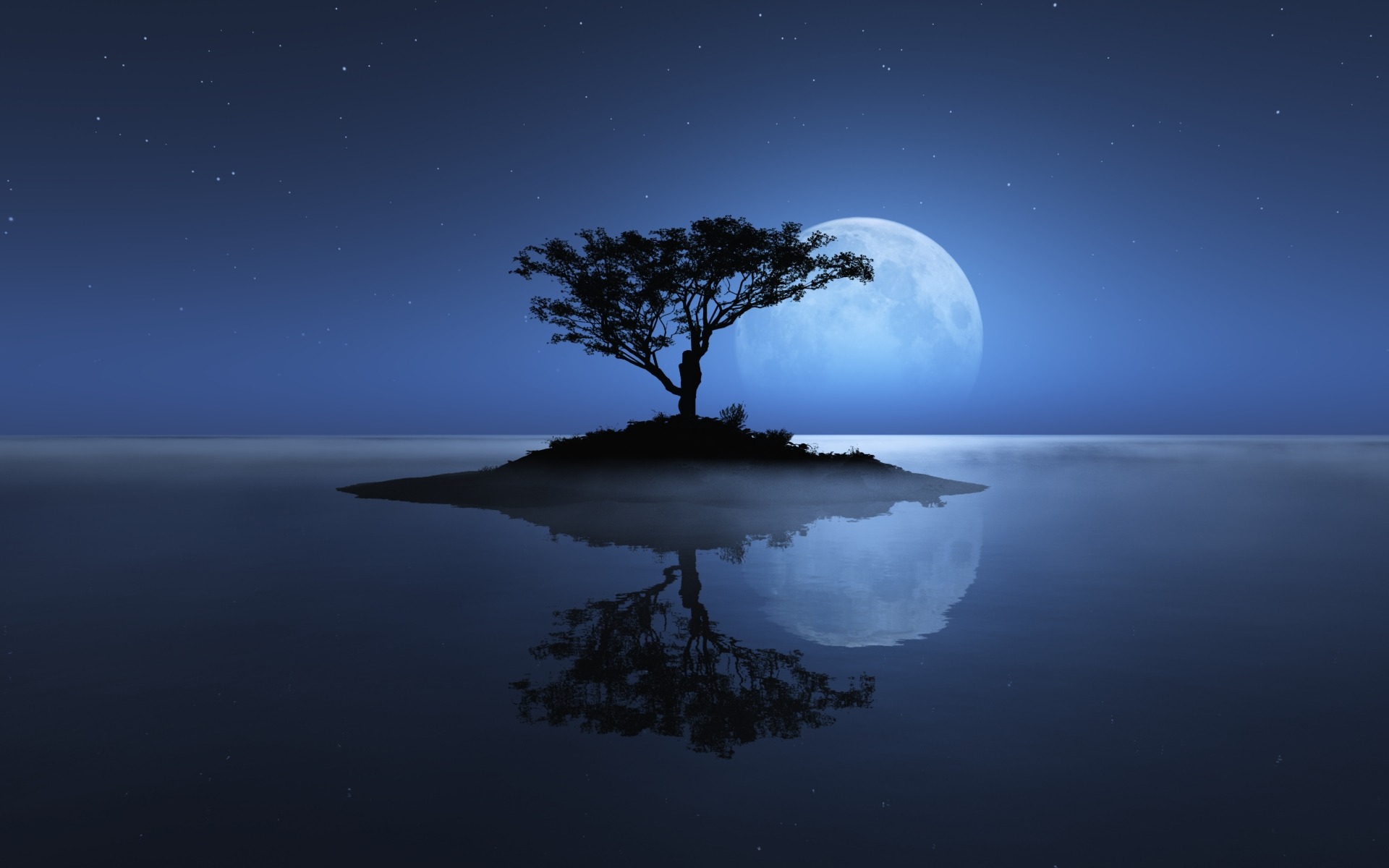 дерево луна остров небо море