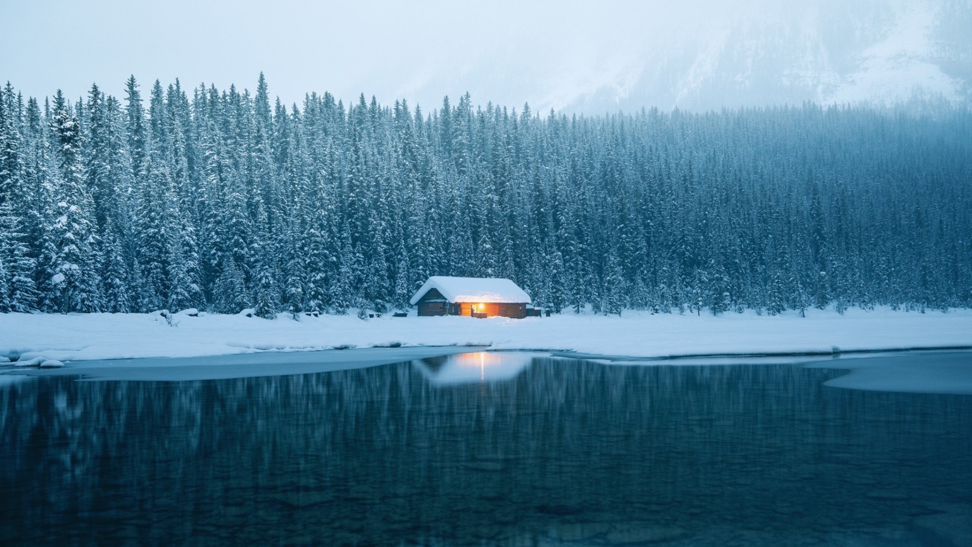 горы домик зима зима озеро